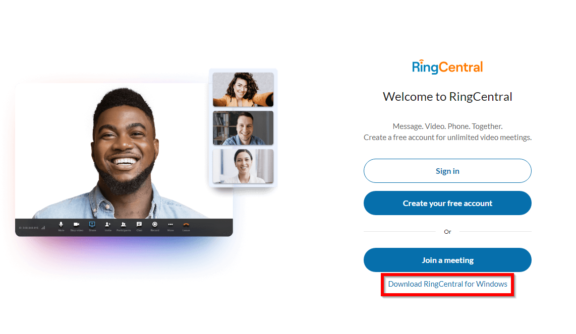 Download link displayed in the main app login page for RingCentral