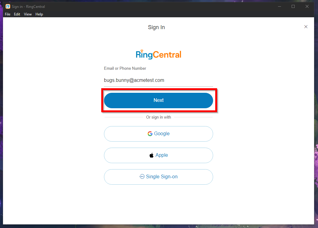 RingCentral desktop app prompting user for e-mail address