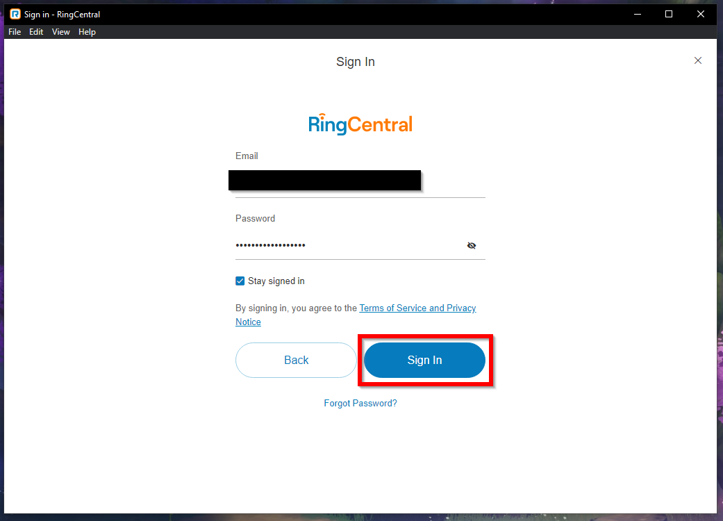 RingCentral desktop app prompting user for password