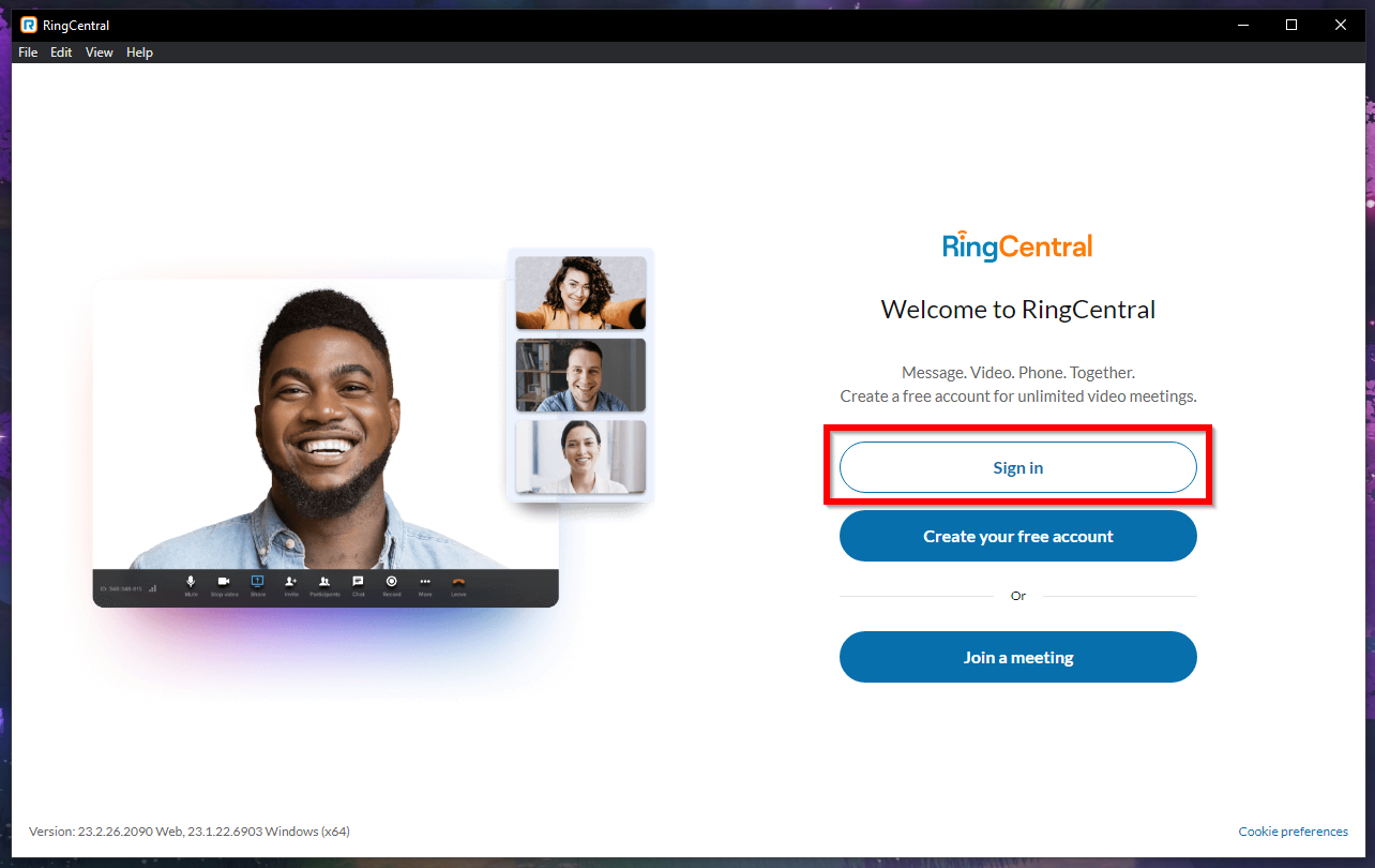 RingCentral desktop app displays welcome screen and allows you to click a button to Sign In